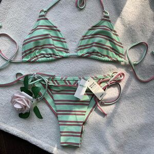 NEW Aerie Cheekier Triangle Striped Bikini Set
